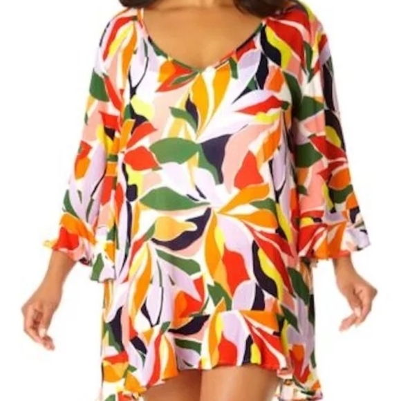 Anne Cole Multicolor Leaf Print Kimono Flounce V Neck Tunic Size 14/16 NWT - Picture 11 of 11